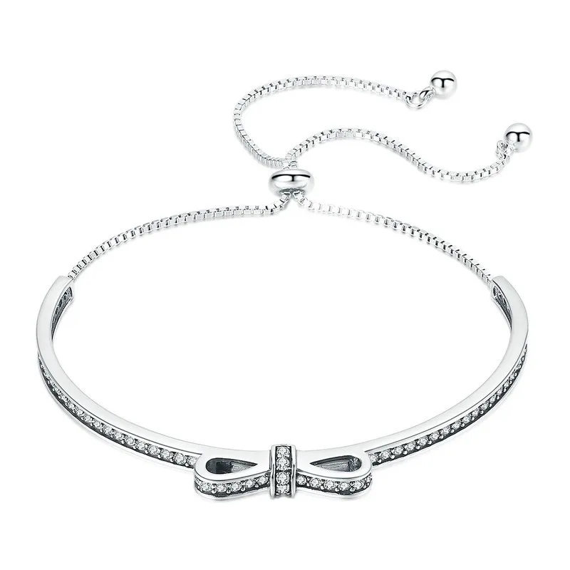 

High Quality 925 Sterling Silver Bowknot Clear Cubic Zircon Bangles Bracelets for Women Sterling Silver Jewelry SCB108 BAMOER