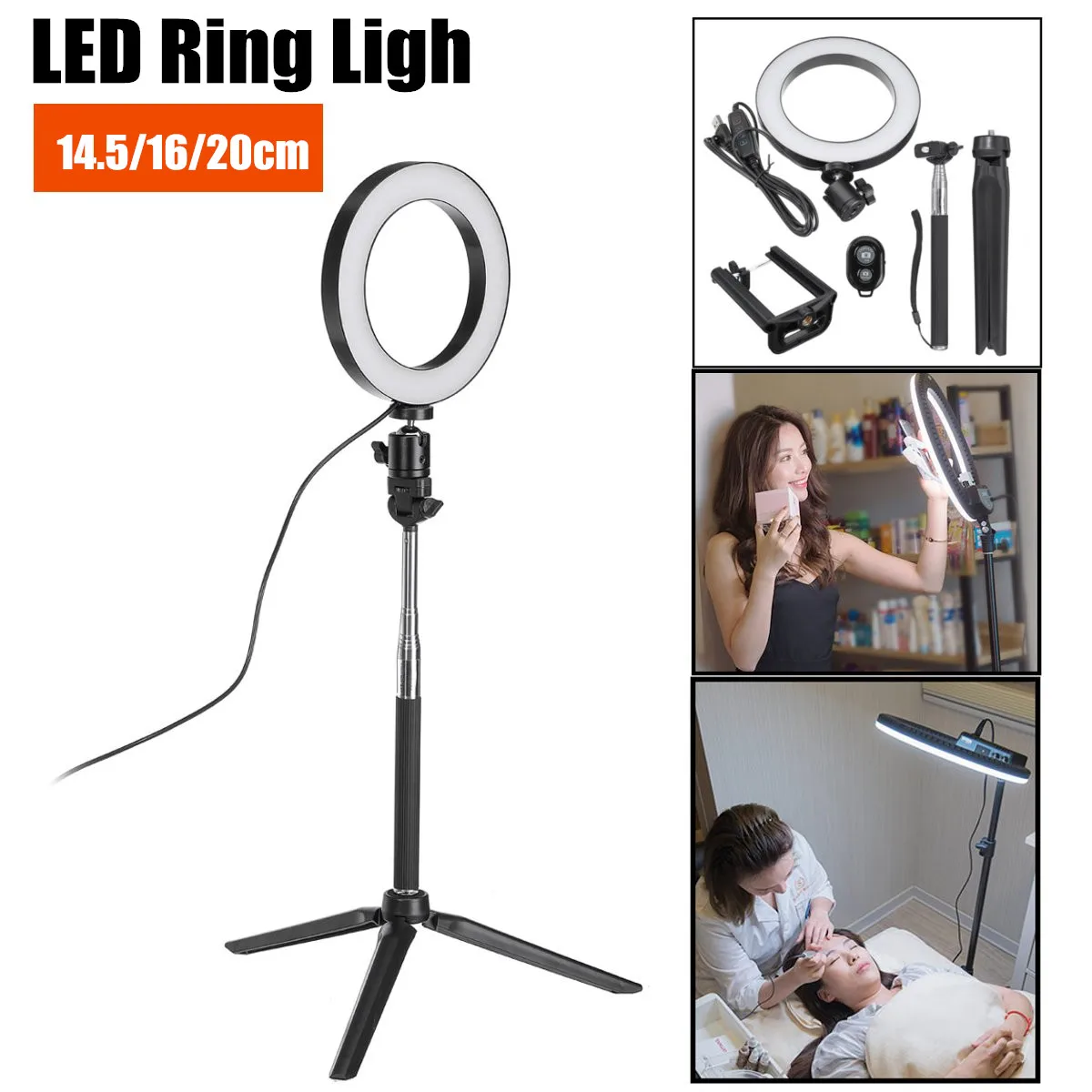 

14.5/16/20CM LED 3 Color 3200K-5500K Dimmable Photography Phone Video LED Ring Light Lamp With Tripod Stand For Camera