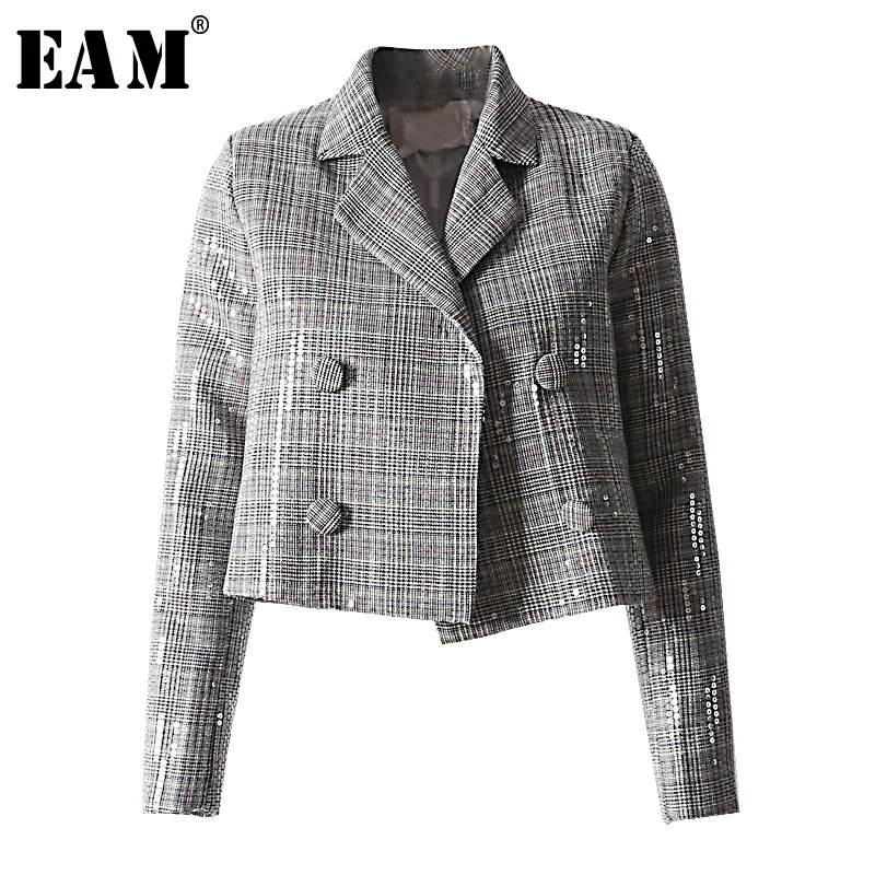 eam Jl994 Plaid Transparent Nouveau Loose 2019 Gris Veste Manches Longues Hiver Printemps Coat Lâche De Manteau Marée Femmes Mode Revers Brillant U8Uwzx
