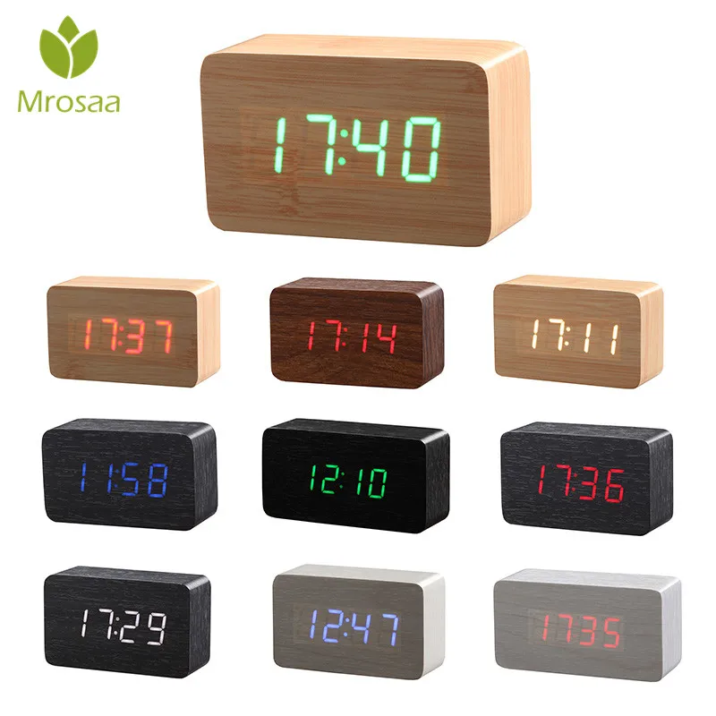 

Mrosaa Wooden LED Digital Alarm Clock Temperature Snooze Table Desktop Modern Design Time Sounds Control Night light alarm Clock