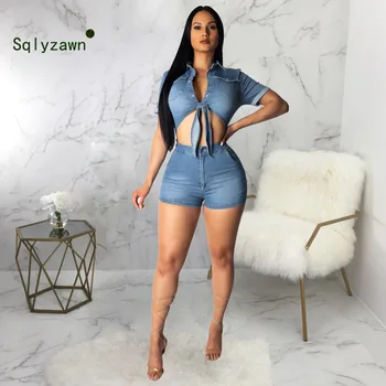 

S-2XL Women Plus Size Summer Hollow Out Denim Jumpsuit Shorts Bust Bandage Pocket Button Patchwork Overall Casual Jeans Romper