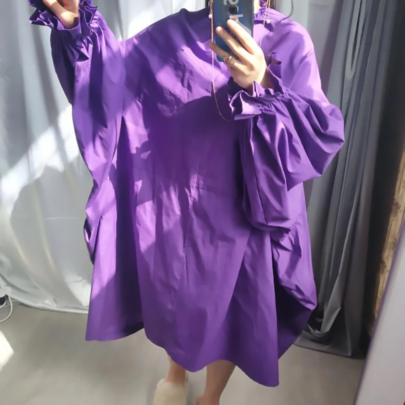 [EAM] весенне-летнее женское стильное Новое Фиолетовое черное платье с длинными рукавами-фонариками и стоячим воротником, Длинное свободное платье большого размера LG03