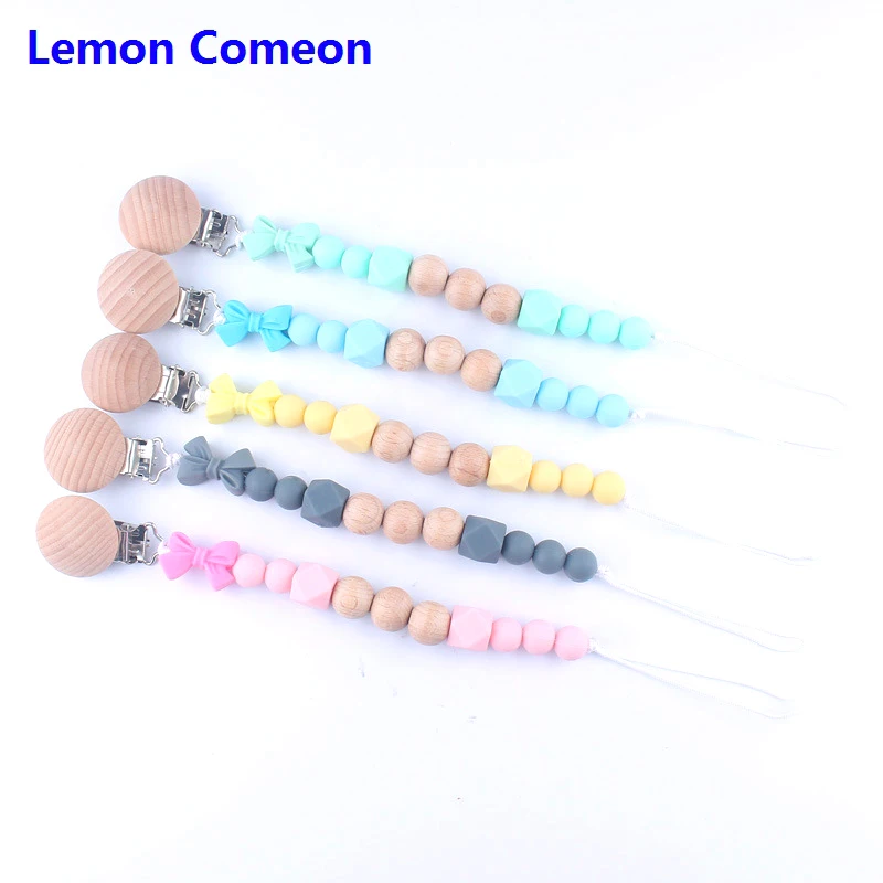 

Lemon Comeon Pink Silicone Pacifier Clips Handmade Safe Teething Chain Bow Beads Baby Teether Holder Chain Baby Care Products