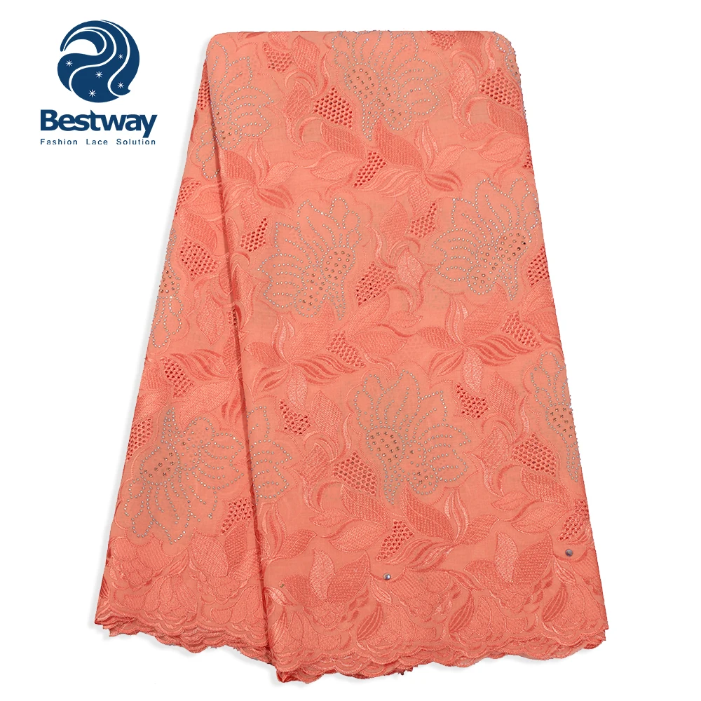 

Bestway African Lace Fabric High Quality Lace Peach Color Swiss Voile Rhinestone Lace in Switzerland For Aso Ebi Fabric Lace
