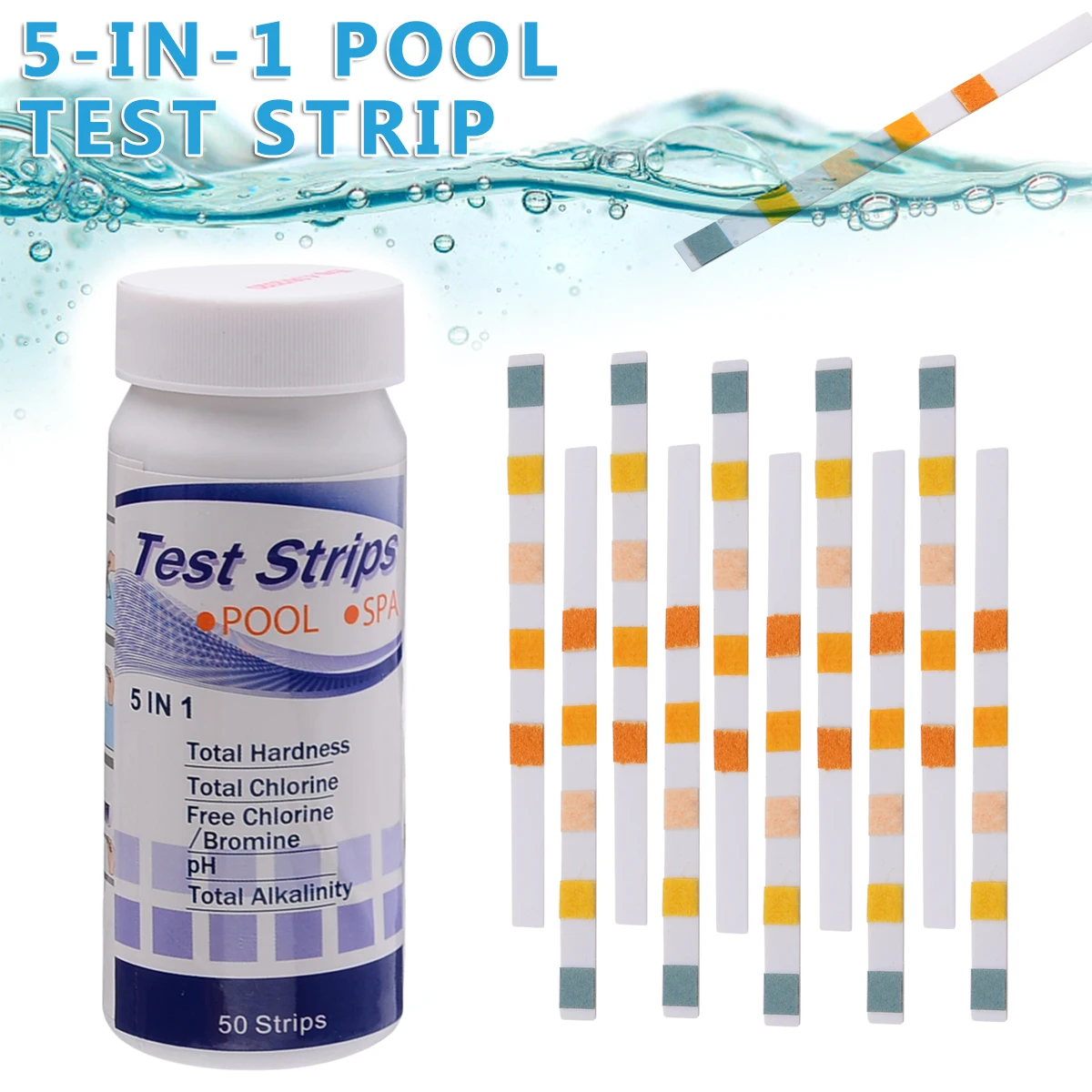 

50pcs PH Test Strip Aquarium Pond Water Testing PH Paper 5 in 1 Pool Water Test Strips Chlorine Bromine PH Alkalinity Hardness