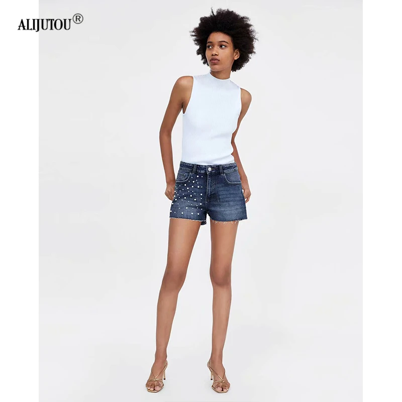 zaraing Women's mid Waist Denim Shorts 2019 Peals Beaded Ripped Jeans Shorts Fashion Brand Sexy Hot Femme Casual Denim Shorts