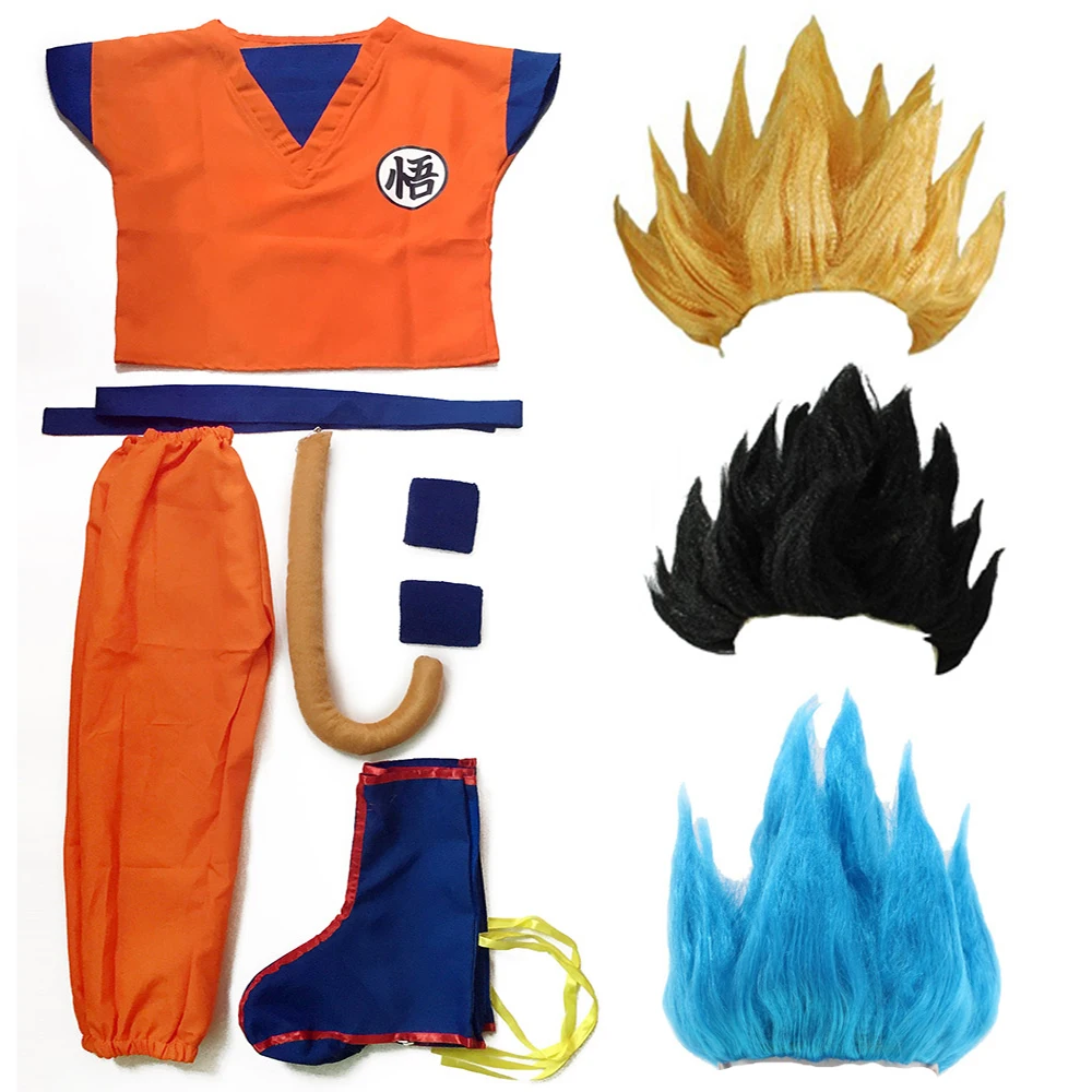 

Hot Dragon Ball Z Clothes Suit Son Goku Cosplay Costumes Top/pant/belt/tail/wrister/wig For Adult Kids 6 Size Children Day Gift