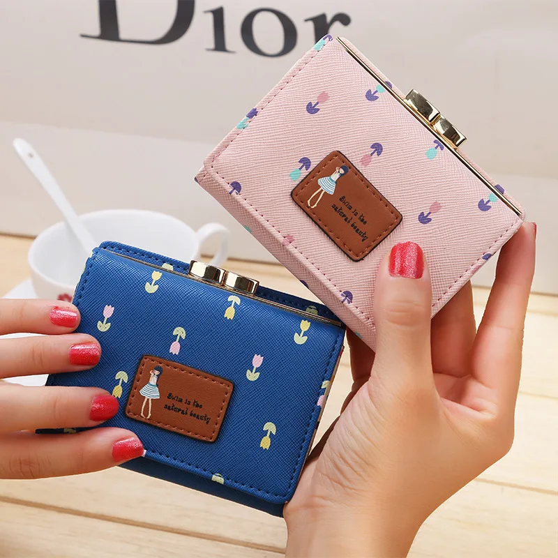 

Fashion Pu Leather Tri-Fold Ladies Wallet Short Cute Small Coin Purse Cartoon Flower Wallet Three Fold Multi-Function