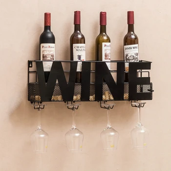 

Wall Mounted Metal Wine Rack 4 Long Stem Glass holder Wine Cork Storage 58X12X22cm