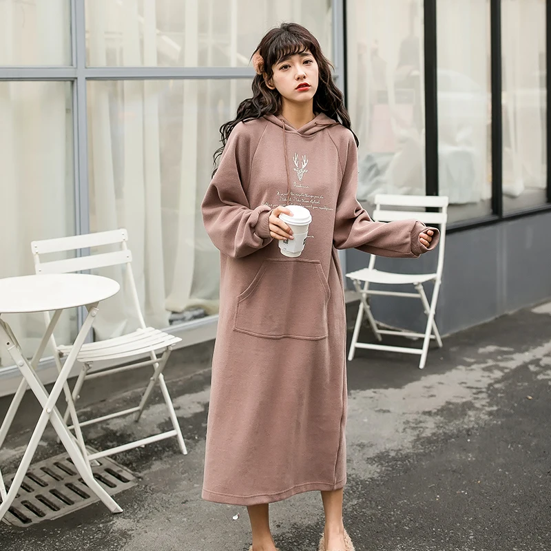 

2019 New Spring Women dress Hooded Print ~ Have Tested Deer Long Over-the-knee Fleece Dresses Blue Ga Color 6902