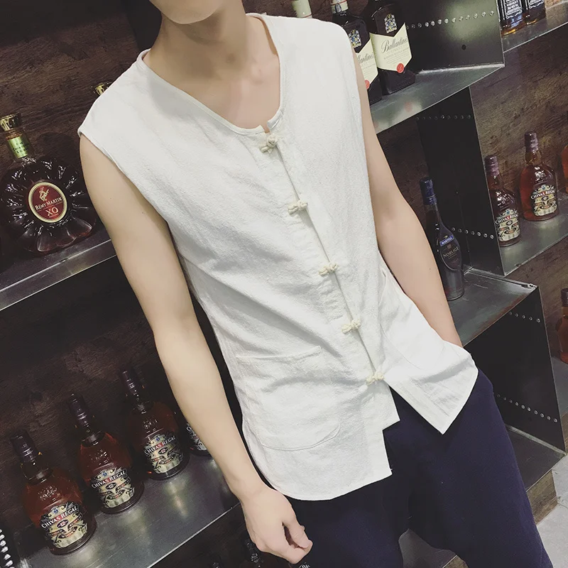 

Men's shirt 2019 summer new slim cotton sleeveless shirt retro button loose casual personality young men's wear