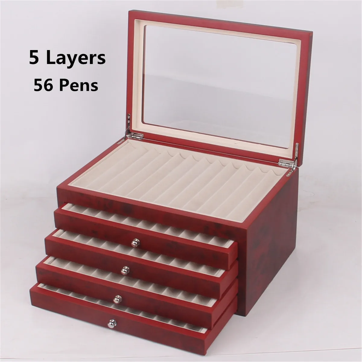 

5 Layer 56 Pen Slot Pen Fountain Wood Display Case Holder Wooden Pen box Storage Collector Organizer Box Black Red