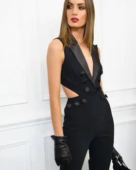 

High Quality Sexy Women Black Backless Button Jumpsuit Party Bodycon Jumpsuit