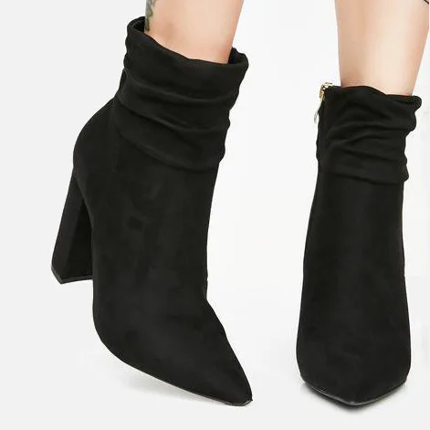 

New Summer Shoes for Woman Flock Leather Pointed toe Ankle Women Ankle Boots in Zipper High Heels Solid Color Square Heel