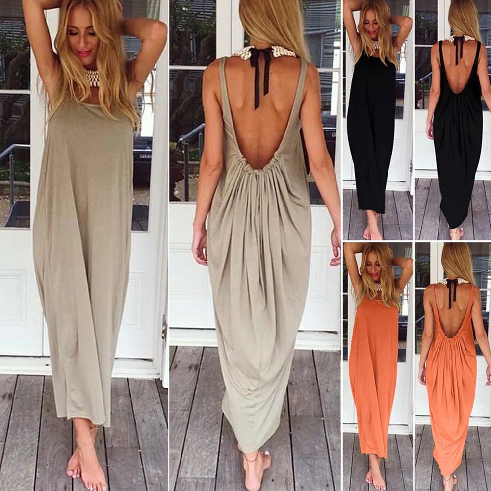 

Sexy Women Long Maxi Dress Loose Backless summer dress Beach Evening Long Party Dress Vintage Sundress plus size