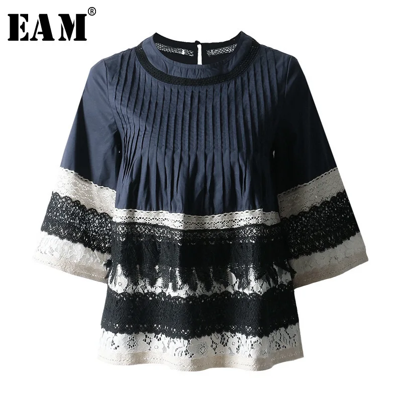 

[EAM] 2019 New Spring Summer Round Neck Three-quater Sleeve Hit Color Loose Pleated Lace T-shirt Women Fashion Tide JQ783
