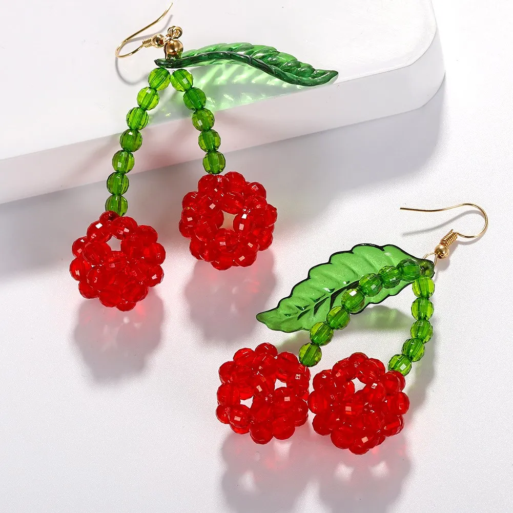 

New Gold Charm Green Leaves Dangle Earring Ear Jewelry Big Red Cherry Earrings Women Girl Cherry Earrings