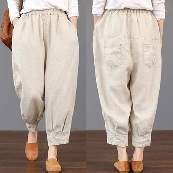 

Women's Linen Harem Pants 2020 ZANZEA Trousers Vintage Casual Elastic Waist Pantalon Femme Female Solid Baggy Pant Plus Size 5XL