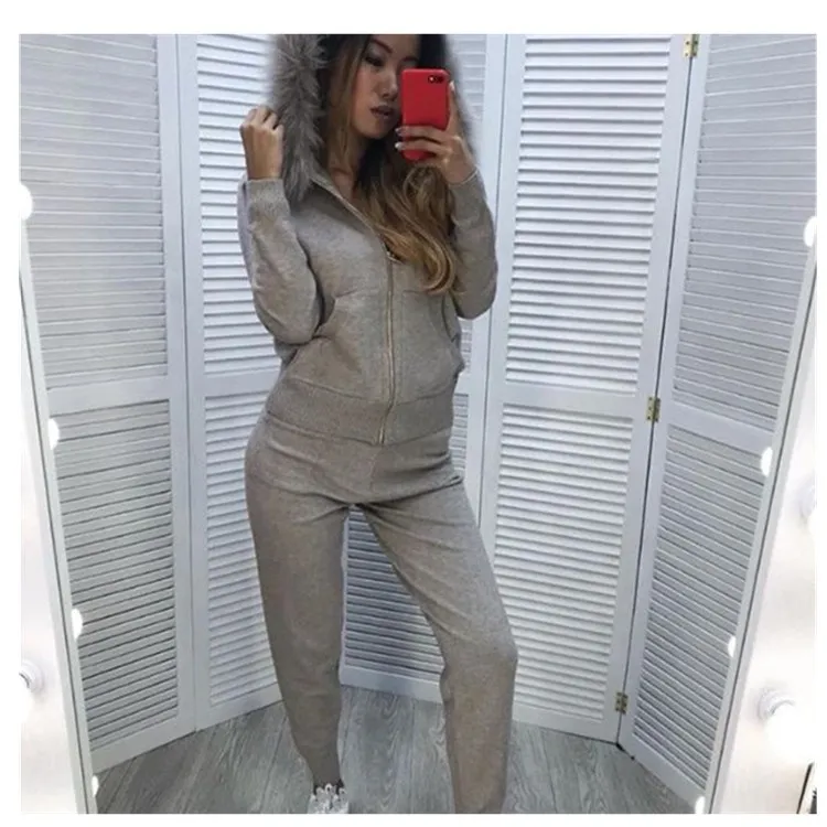 

Winter Cashmere Knitted Warm Suit Fur Hooded Sweater Cashmere Trousers Two-piece Sets Leisure Sweaters Suit