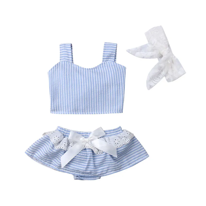 

2019 Summer Newborn Toddler Baby Girl Striped Clothes Lace Headband Sleeveless Tops Bowknot Short Pants Outfits 3Pcs Clothes