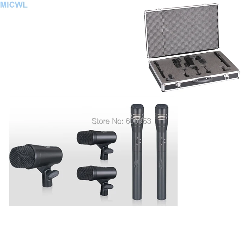 

5pcs Set Big Bass drum 2 small Snare drum Dynamic 2 Condenser Microphone Cardioid Music instrument recording Microphones Mic