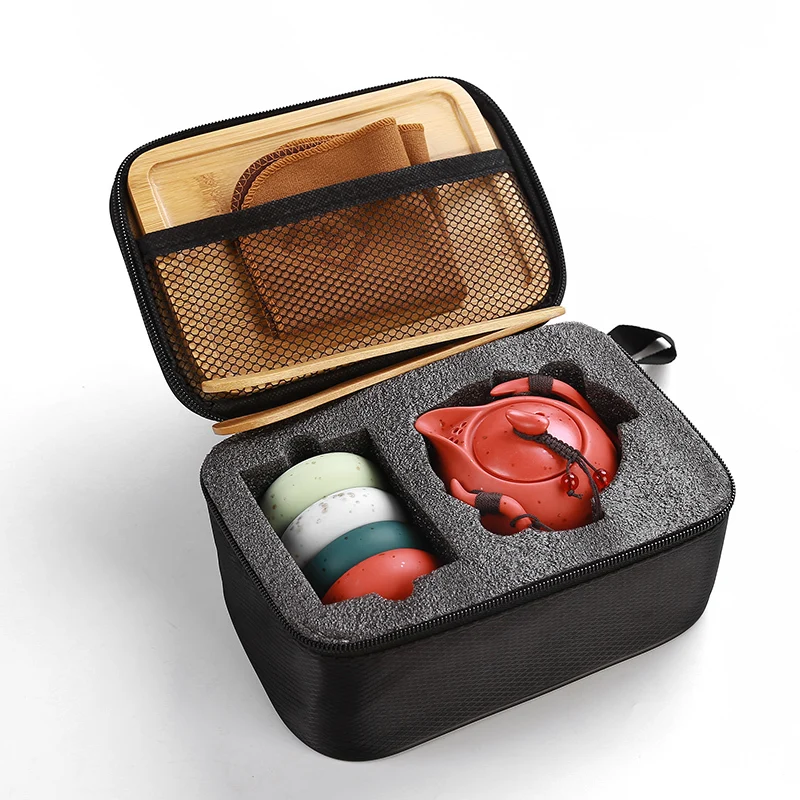  Travel Chinese Kungfu small tea set one pot four cups ceramic teapot cup bamboo tray portable bag J