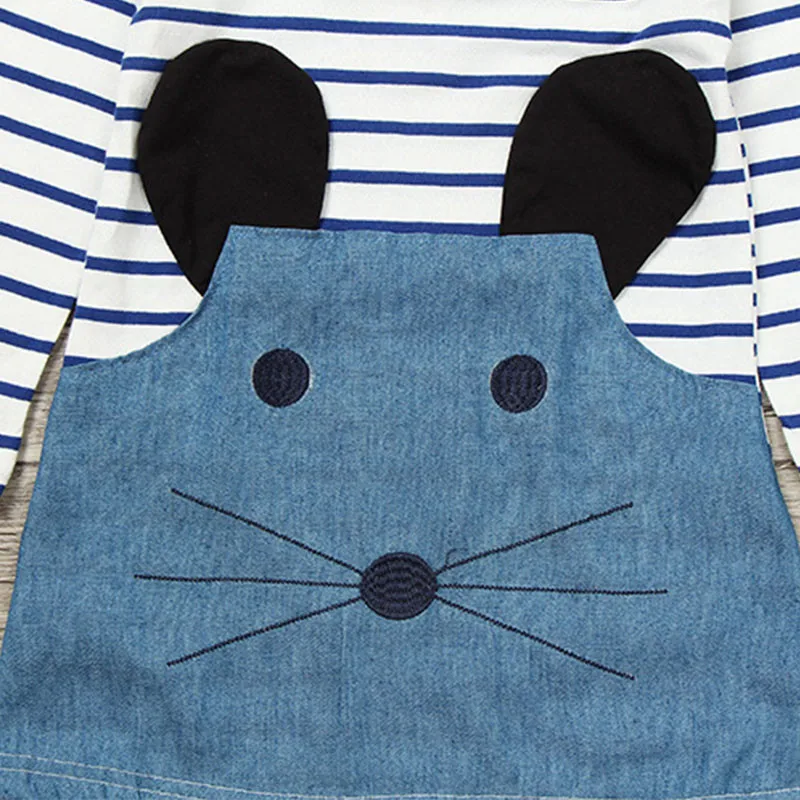 Summer  Striped Patchwork Character Girl Dresses Long Sleeve Cute Mouse Children Clothing Kids Girls Dress Denim Kids Clothes