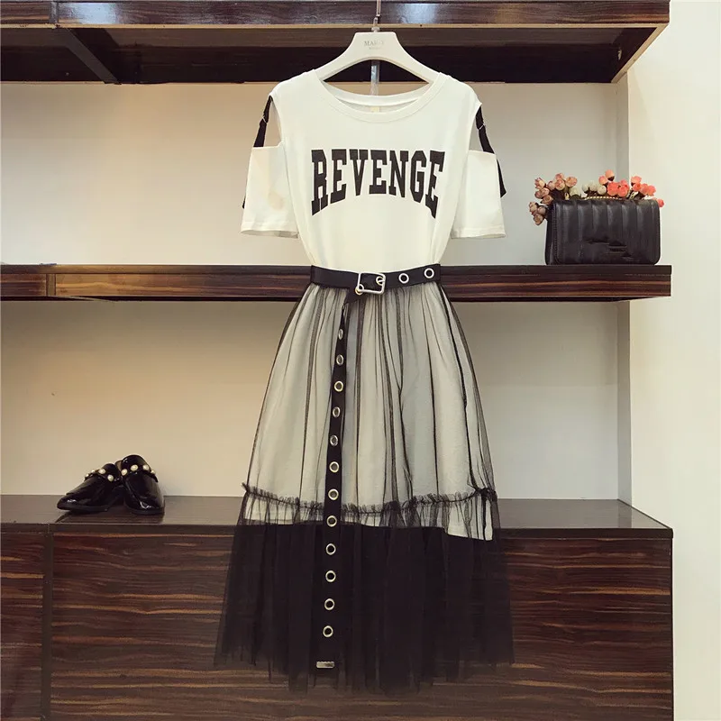 

Comelsexy 2 Piece Set Dress 2019 New Summer Women Printed Letter Cotton Long T Shirt Suits Black Mesh See Through Skirt Suits