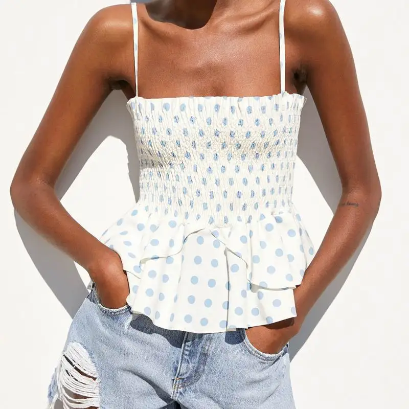 

Chic Women Summer Tops 2019 New Fashion Polka Dot Prints Pattern Short Casual Camis Elastic Bust Female Spaghetti Strap Camisole
