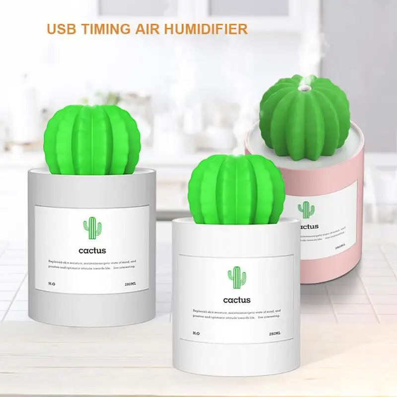 

280ml Cactus USB Timing Air Humidifier Aroma Essential Oil Diffuser Aromatherapy Air Purifier Mist Maker Fogger With Night Light