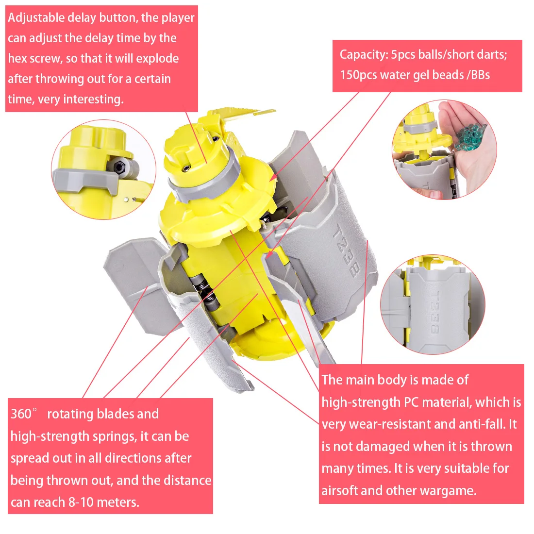 

New T238 V2 Large Capacity Water Bomb Toy with Time-delayed Function for Nerf Gel Ball BBs Airsoft Wargame - Grey + Yellow