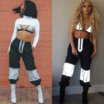 

Women Reflective TWO PIECE SET Sexy Club Outfits Top Bra Vest Sparkly Tracksuit Female Glitter Pants Joggers Sheer Sweat Suits