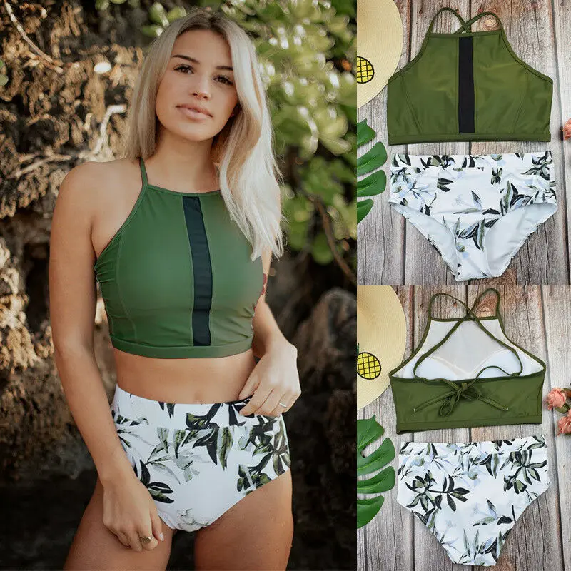 

2019 New Style Fashion Hot Women Push-Up Padded Bra Patchwork Bikini Set High Neck Swimsuit Bathing Suit Swimwear