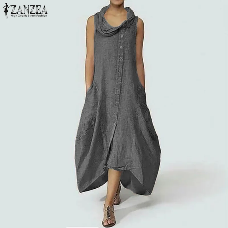 ZANZEA الصيف ماكسي اللباس المرأة السببية فستان طويل الإناث زر أسفل غير المتكافئة Vestido حزب المرأة فستان الشمس المتضخم رداء