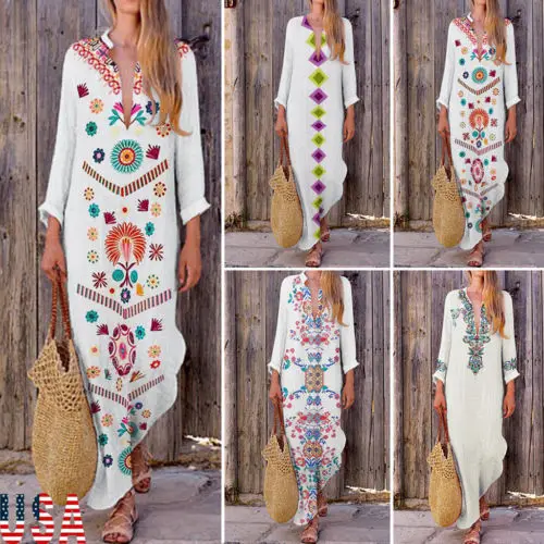 

US Womens Floral Long Maxi Dress Long Sleeve Party Tunic Cotton and linen Print Beach Loose Casual Sundress National style