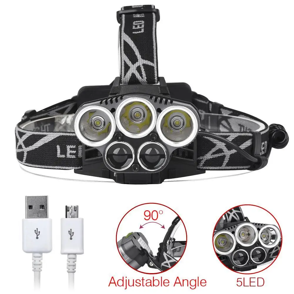 

USB Headlight 40000 Lumens 5 Modes Lamp Super Bright Camping Hiking Waterproof Torch Light + USB Charging Cable