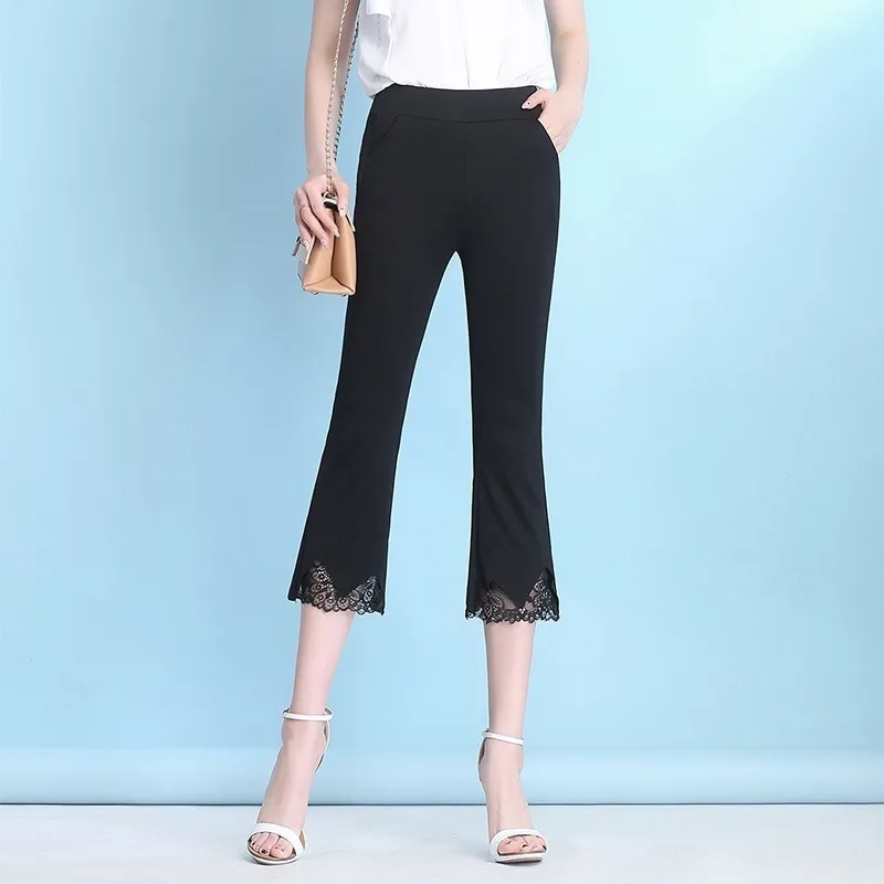

2019 Spring Summer Women Casual Lace Patchwork Capris Pants Elastic Waist Calf-Length Flare Pants Plus Size 3XL