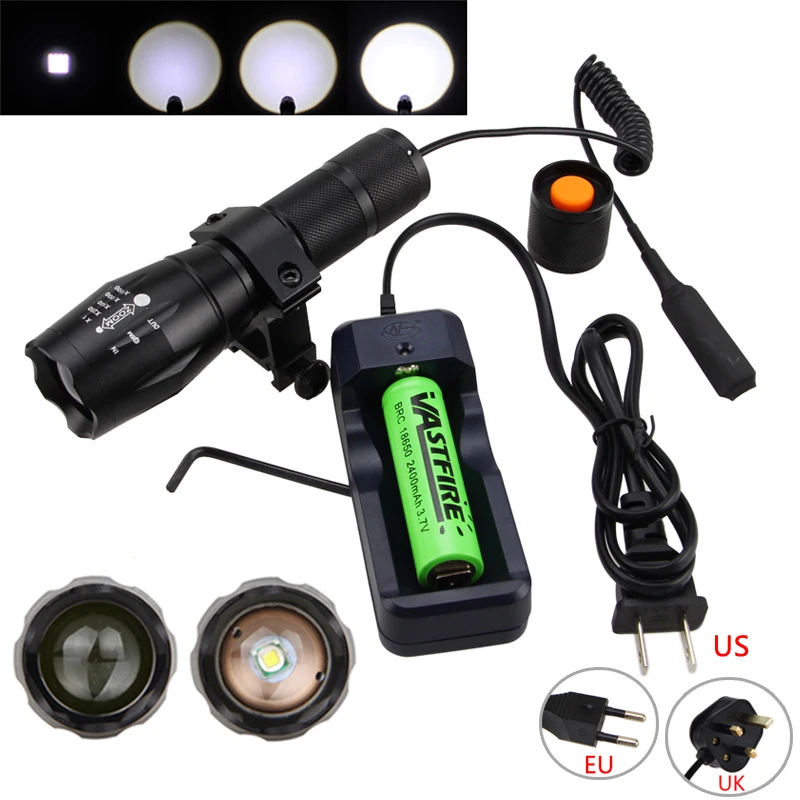 

Military Weaver Mount Adjustable XML T6 Tactical Hunting Torch Remote Switch 5000LM Picatinny Zoomable Rechargeable Flashlight