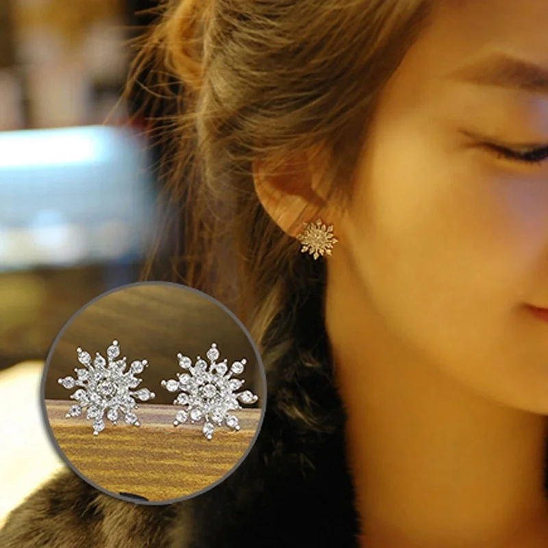 Женские золотые серьги с кристаллами, серебряные серьги-гвоздики, модные ювелирные изделия со снежинками