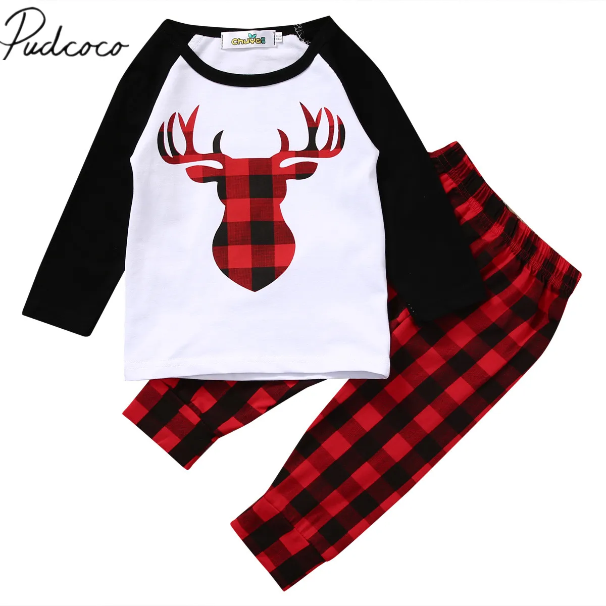 

2018 Brand New Newborn Infant Kids Baby Girls Boys Xmas Clothes 2PCS Deer Print Plaid Patchwork Long Sleeve Pullover Tops+Pants