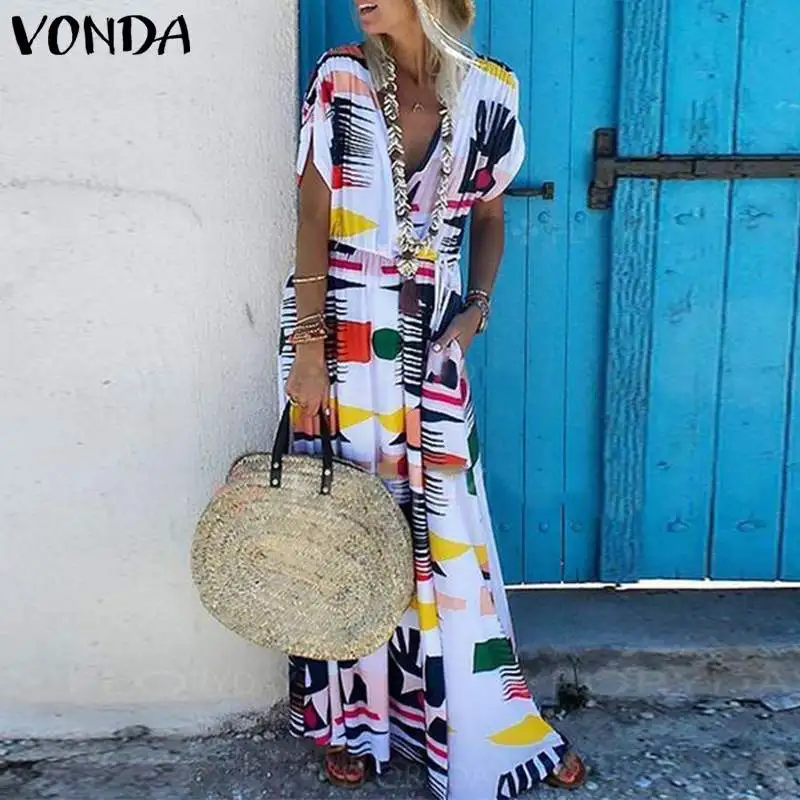 

VONDA Bohemian Women Print Dress 2019 Summer Sexy V Neck High Waist Maxi Long Party Dresses Plus Size Vintage Holiday Vestidos