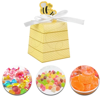 

50pcs/lot Birthday Party Decoration Paper gift box Honey Bee Candy Box With Bow Tie Baby Shower Favor Wedding Favors gift bag