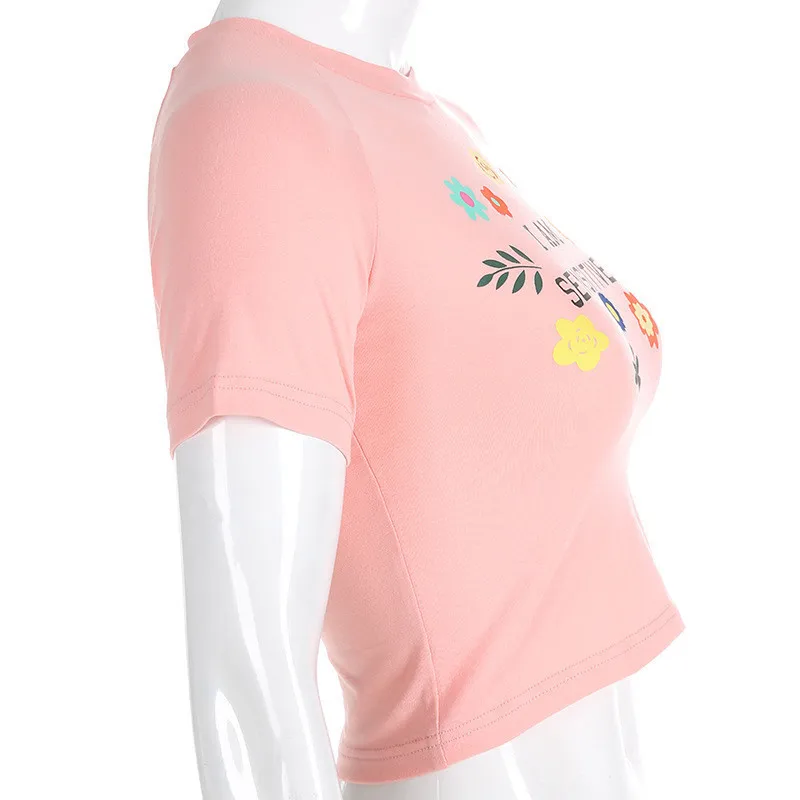 Женские летние розовые милые футболки с цветочным принтом, женские повседневные майки кроп с коротким рукавом, футболки с надписями, женские короткие футболки
