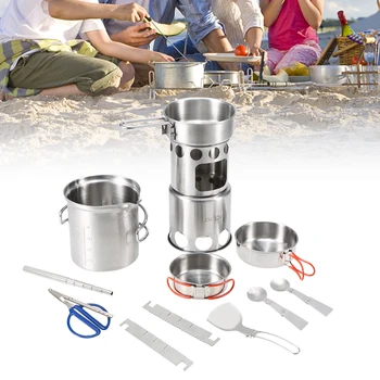 

Camping Cookware Outdoor Cookware Set Portable Stainless Steel Folding Wood Stove Pot Pan Bowls Spoon Spork Cooking Tableware