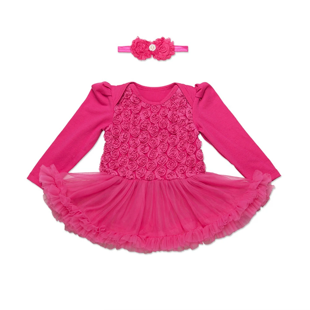 

Baby Floral Bodysuits Dresses Baby Girls Long Sleeve 2pcs Party Dress+Headband Sets
