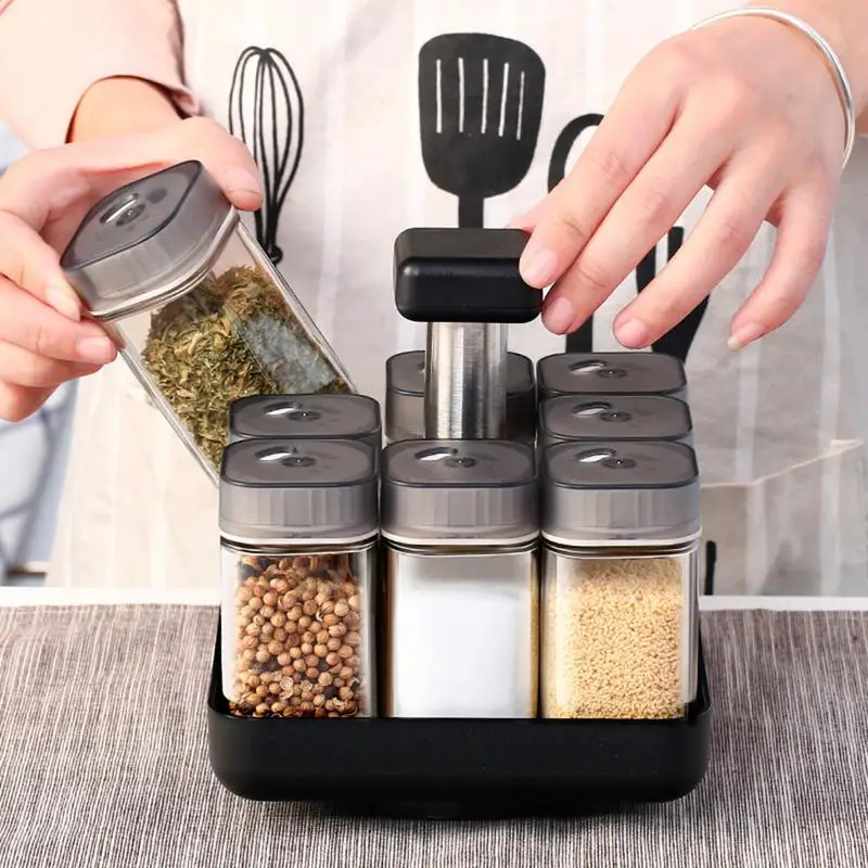 

Rotating Stainless Steel Cruet Condiment Spice 9pcs Jars Set Salt And Pepper Shakers Seasoning Sprays Kitchen Tool Organizer Set