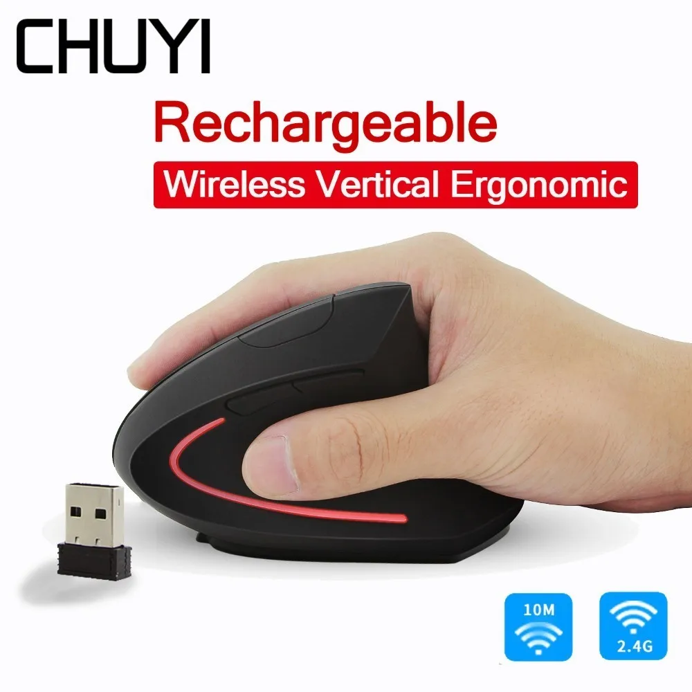 

CHUYI Wireless Vertical Mouse Rechargeable 2.4G USB Ergonomic Optical Mice With Adjustable 1600DPI 6D Mause For Gaming Laptop PC