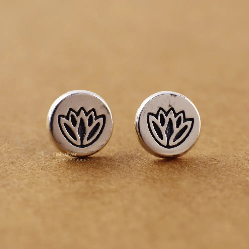 S92-5 Sterling SIL Fashion Jewelry Retro Elegant Lotus Pattern Round Post Stud Earrings A1374 | Украшения и аксессуары