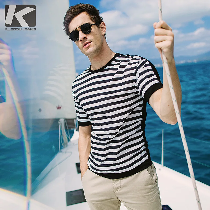 

KUEGOU New Summer Mens Casual T Shirts Patchwork Striped Black Color For Man's Short Sleeve Slim T-Shirts Male Tops Tees 5756