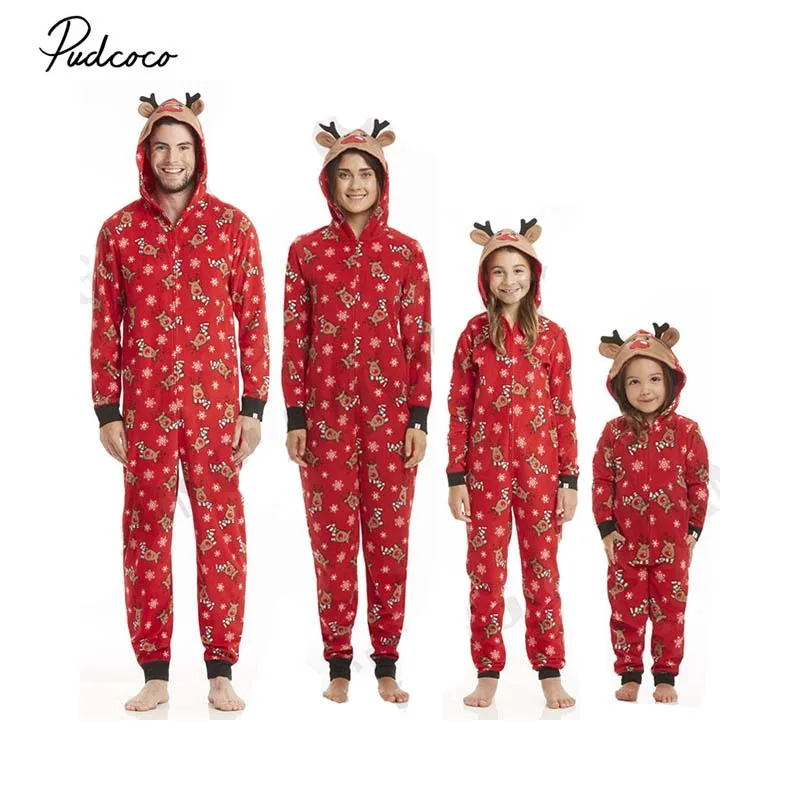 

2018 Christmas Family Matching Zip Pajamas Jumpsuit New Winter Adult Men Women Kids Baby 3D Elk Hooded Sleepwear Costume Clothes